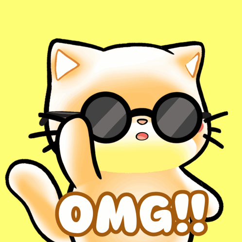 A sunglasses-wearing cartoon cat raises a paw beside an “OMG!!” caption.