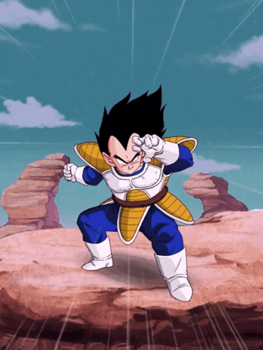 a cartoon character named vegeta is standing on a rock in the desert