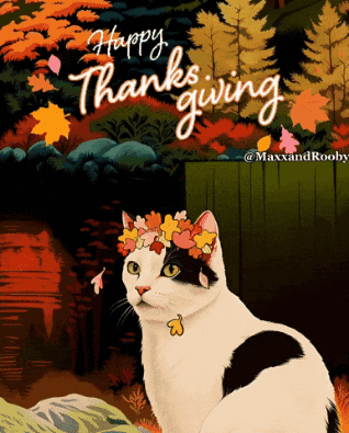 a black and white cat with a crown of leaves on its head wishes you a happy thanksgiving