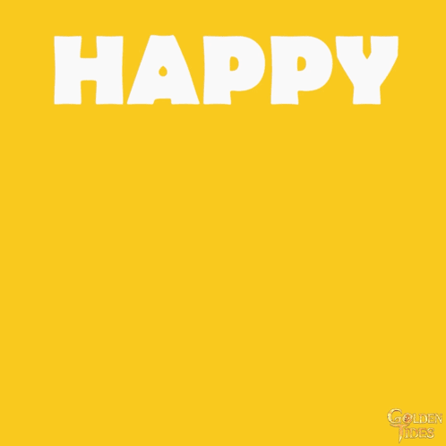 Bold white letters spell “HAPPY” on a bright yellow background.