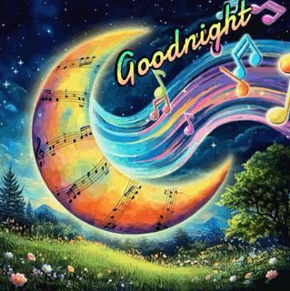 A colorful musical moon and flowing notes surround “Goodnight.”
