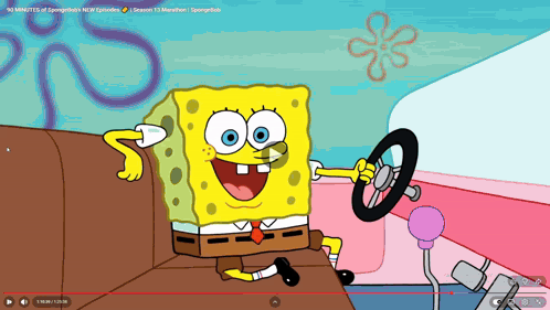 SpongeBob SquarePants stands at a control panel with a wildly excited expression.