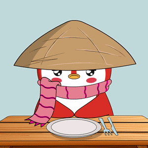 a penguin wearing a hat and scarf sits at a table with a plate and fork