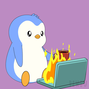 a cartoon of a penguin holding a cup of coffee next to a laptop