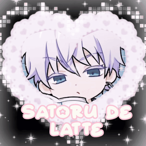a picture of a boy in a heart with the words satoru de latte