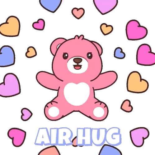 A pink teddy bear spreads its arms amid colorful hearts with “AIR HUG” text.