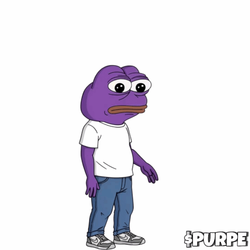 A purple Pepe-style character in a white shirt and jeans stands on a skateboard.