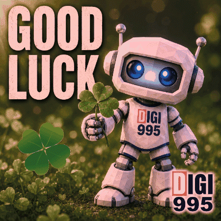 a robot is holding a four leaf clover with the words good luck behind him