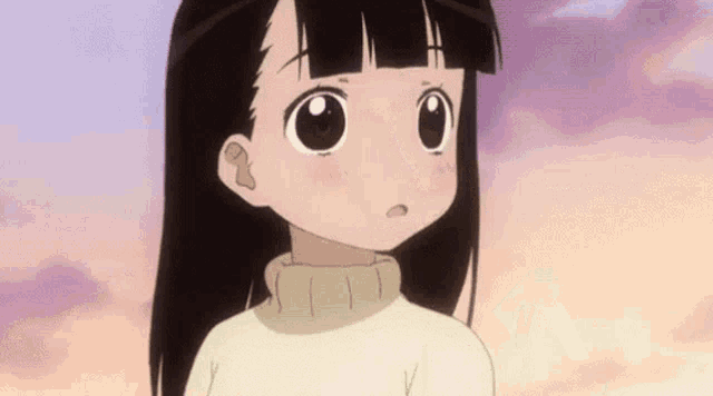 An anime girl in a cream turtleneck looks quietly shy against a pastel sky.