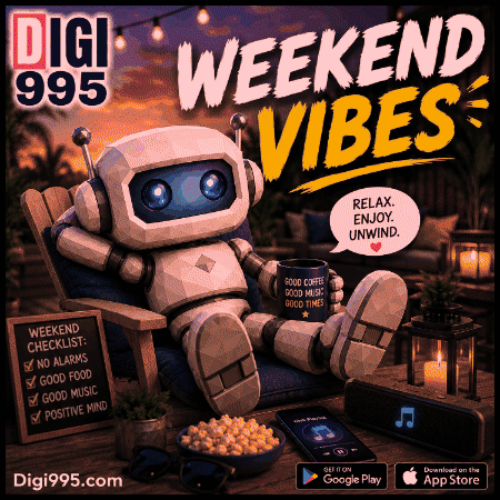 an advertisement for digi 995 weekend vibes with a robot