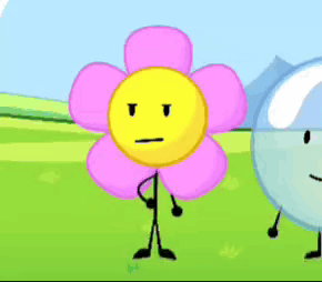 a pink flower with a yellow center is standing in a field with other cartoon characters