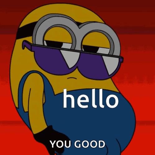 A sunglasses-wearing Minion says “hello” on a red background.