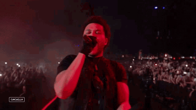a man is singing into a microphone at a concert with a logo for coachella in the corner