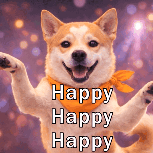 A smiling Shiba Inu raises a paw with “Happy Happy Happy.”