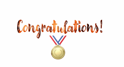 Orange cursive “Congratulations!” appears above a medal on a white background.