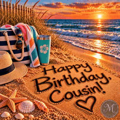 a happy birthday cousin sign on the beach