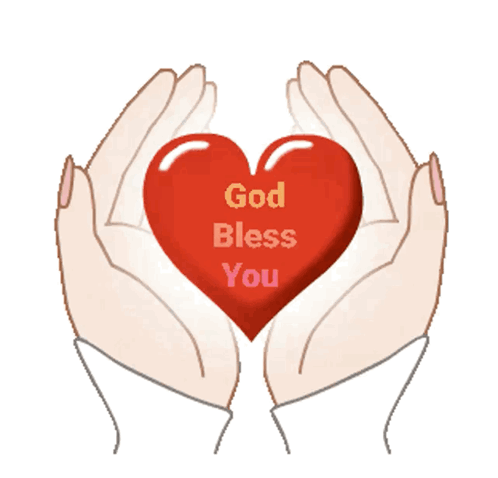 Hands cradle a red heart reading “God Bless You.”