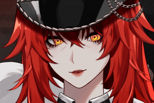 a girl with red hair and yellow eyes wearing a black hat
