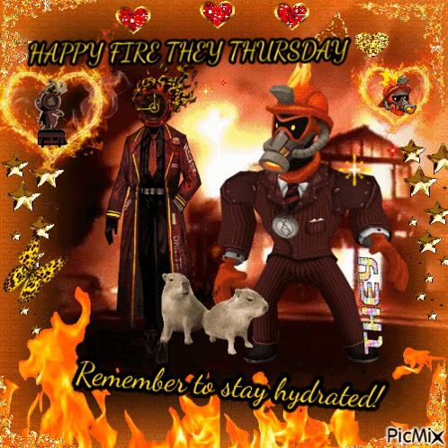 a happy fire thy thursday greeting card with two firemen