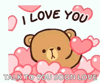 A brown cartoon bear appears amid pink hearts under “I LOVE YOU.”