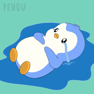 A blue-and-white cartoon penguin lies down crying into a puddle.