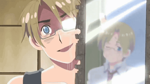 a cartoon character is looking at a picture of himself