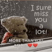 A heart-shaped bag lies in snow with text saying “I sure miss you a lot.”