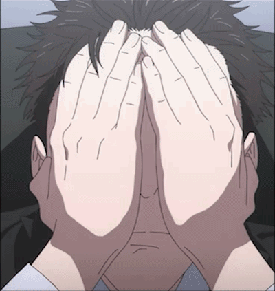 A manga character hides their face with both hands.