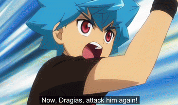 a boy with blue hair and red eyes is saying " now dragias attack him again "