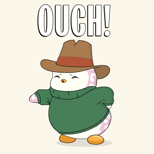 A cowboy-hat cartoon penguin stands with a pained expression beneath “OUCH!”