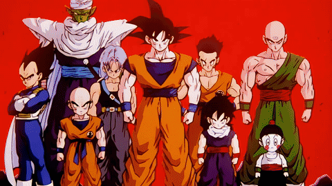 a group of dragon ball characters standing next to each other with a red background