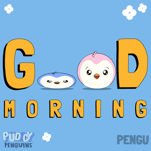 Two cartoon penguin faces form “GOOD MORNING” lettering.