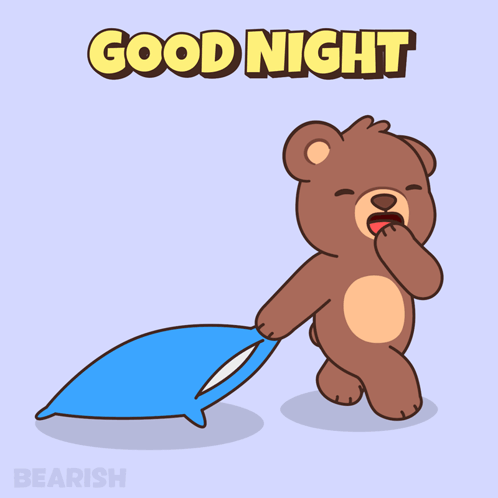 A brown cartoon bear drags a blue blanket beneath “GOOD NIGHT.”