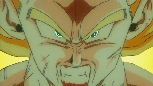 a close up of a cartoon character with a yellow background