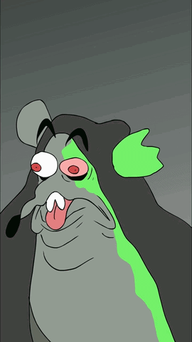 a cartoon drawing of a rat with a green tail sticking out its tongue