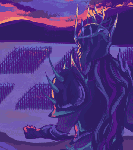 a purple and pink painting of a knight standing in front of a castle