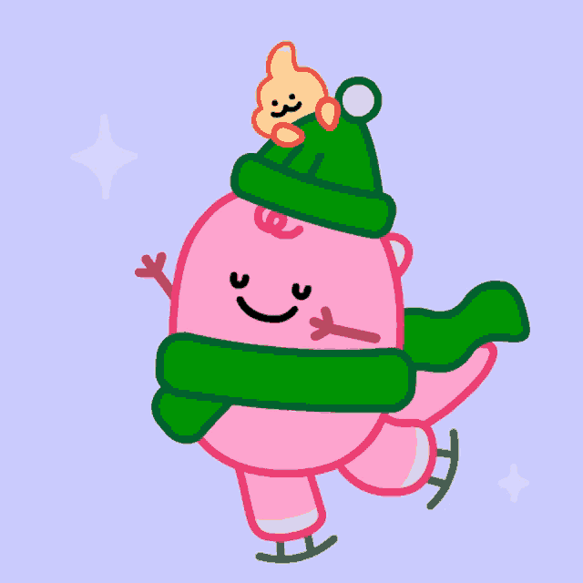 a pink cartoon character wearing a green scarf and a green hat