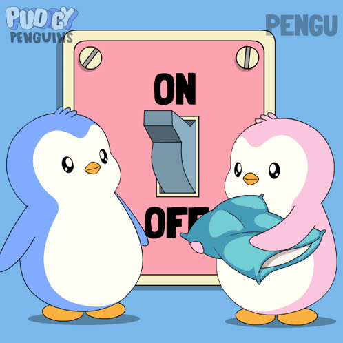 Two Pudgy Penguins stand beside a pink light switch marked ON and OFF.