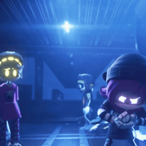 a group of cartoon characters are standing in a dark room with the letter n in the background