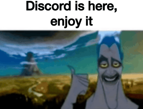 a cartoon of hades giving a thumbs up with the words discord is here enjoy it