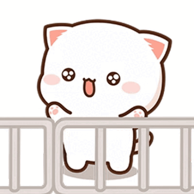 A white cartoon cat bounces behind a railing with an excited face.
