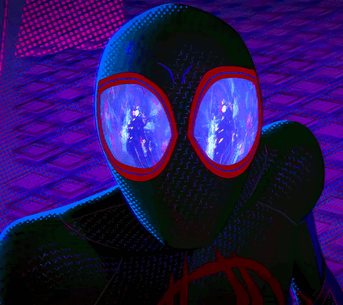 a close up of a spider man 's face with a reflection of a person in his eyes