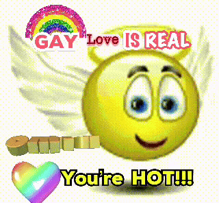 a smiley face with wings and horns says gay love is real you 're hot