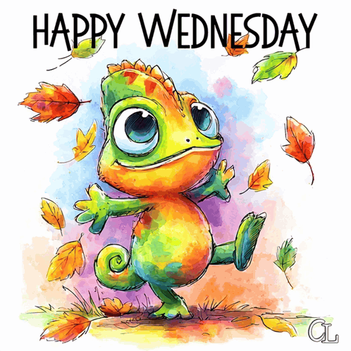 a happy wednesday greeting card with a chameleon surrounded by leaves