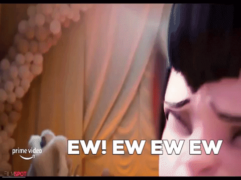 A person recoils in a glamorous interior while subtitles emphatically repeat “EW!”
