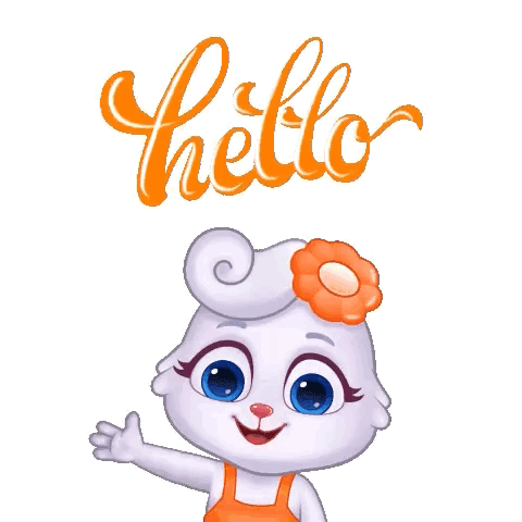 A smiling cartoon character waves below orange “hello” lettering.