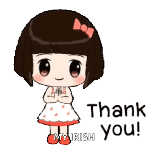 A cute cartoon girl bows shyly beside the words “Thank you!”