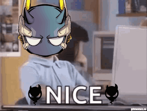 a cartoon character with horns is sitting in front of a computer with the words nice written below him