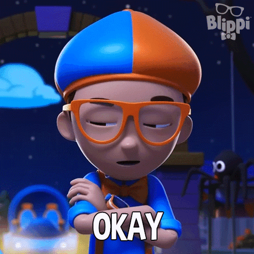 a cartoon character from blippi is wearing glasses and a hat and says okay