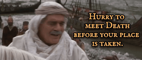 a man in a turban stands in front of a quote that says hurry to meet death before your place is taken